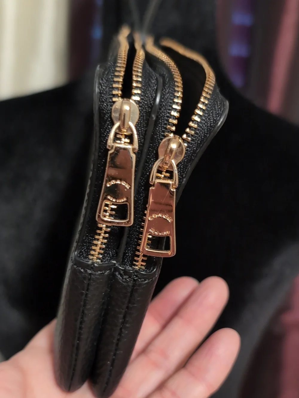 Coach Black Pebbled Leather Double Zip Wristlet with Gold Hardware 7